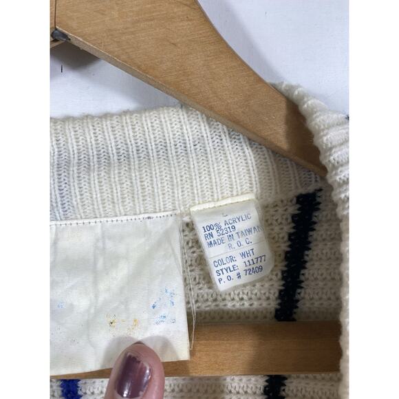 Vintage OP Cardigan Sweater Mens Large Rainbow Stripe White Chunky Knit Grandpa - Picture 10 of 13